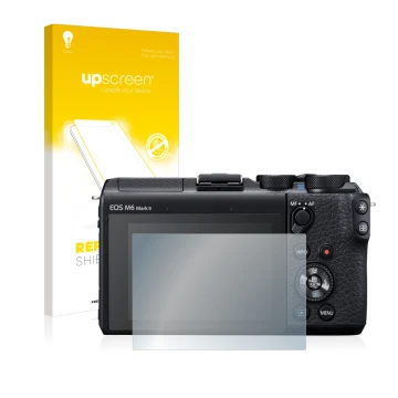 Parte frontal de un envase de producto con el logotipo de la marca upscreen. Al lado se muestra el dispositivo Canon EOS M6 Ma