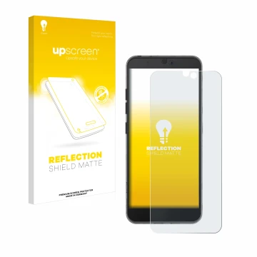 Parte frontal de un envase de producto con el logotipo de la marca upscreen. Al lado se muestra el dispositivo Fairphone 3 con