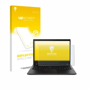 Parte frontal de un envase de producto con el logotipo de la marca upscreen. Al lado se muestra el dispositivo Lenovo ThinkPad