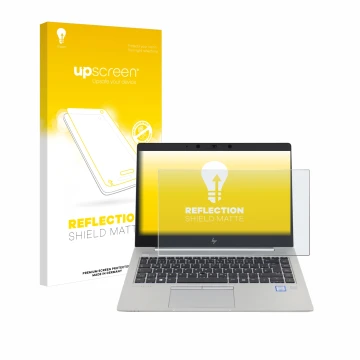 Parte frontal de un envase de producto con el logotipo de la marca upscreen. Al lado se muestra el dispositivo HP EliteBook 84