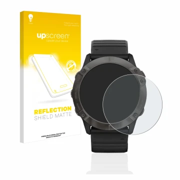 Parte frontal de un envase de producto con el logotipo de la marca upscreen. Al lado se muestra el dispositivo Garmin Fenix 6X