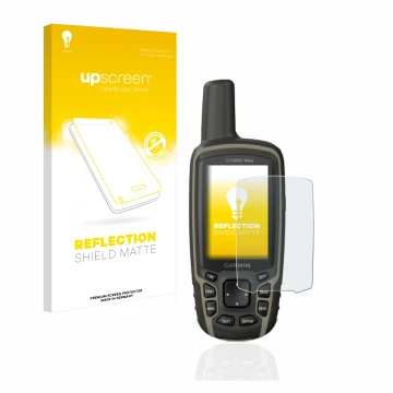 Parte frontal de un envase de producto con el logotipo de la marca upscreen. Al lado se muestra el dispositivo Garmin GPSMAP 6