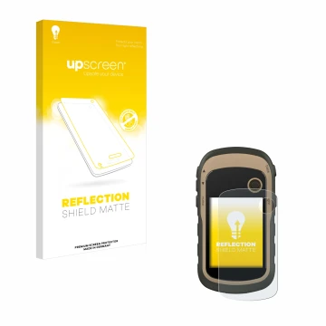 Parte frontal de un envase de producto con el logotipo de la marca upscreen. Al lado se muestra el dispositivo Garmin eTrex 32