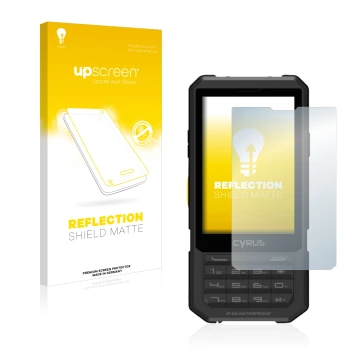 Parte frontal de un envase de producto con el logotipo de la marca upscreen. Al lado se muestra el dispositivo Cyrus CM 17 Hyb