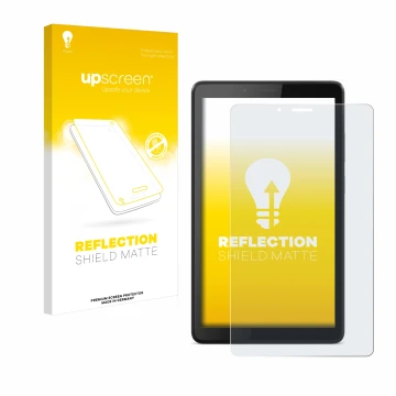 Parte frontal de un envase de producto con el logotipo de la marca upscreen. Al lado se muestra el dispositivo Lenovo Tab M7 c