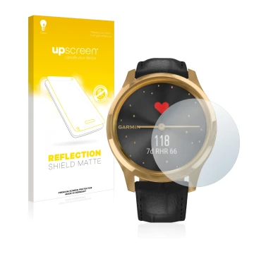 Parte frontal de un envase de producto con el logotipo de la marca upscreen. Al lado se muestra el dispositivo Garmin vivomove