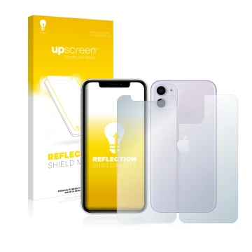 Parte frontal de un envase de producto con el logotipo de la marca upscreen. Al lado se muestra el dispositivo Apple iPhone 11