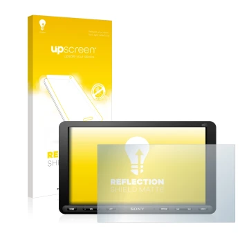 Parte frontal de un envase de producto con el logotipo de la marca upscreen. Al lado se muestra el dispositivo Sony XAV-AX8050