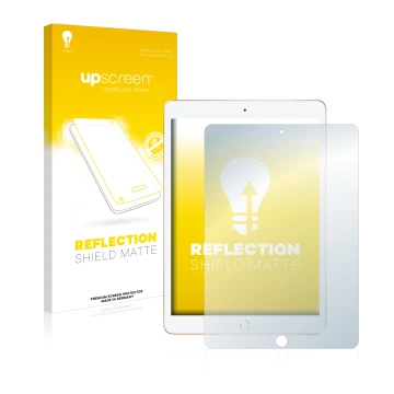 Parte frontal de un envase de producto con el logotipo de la marca upscreen. Al lado se muestra el dispositivo Apple iPad 10.2