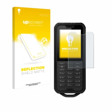 Parte frontal de un envase de producto con el logotipo de la marca upscreen. Al lado se muestra el dispositivo Nokia 800 Tough