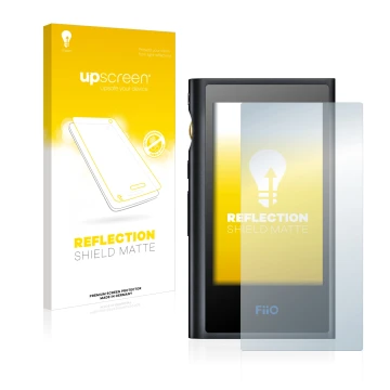 Parte frontal de un envase de producto con el logotipo de la marca upscreen. Al lado se muestra el dispositivo FiiO M9 con su 