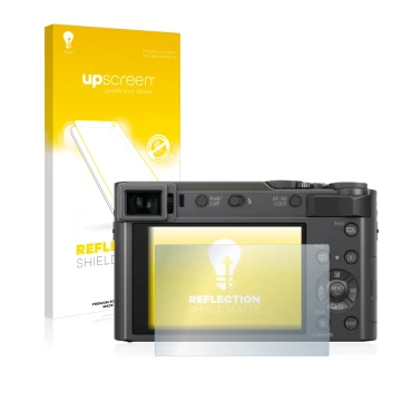 Parte frontal de un envase de producto con el logotipo de la marca upscreen. Al lado se muestra el dispositivo Panasonic Lumix