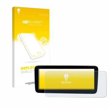 Parte frontal de un envase de producto con el logotipo de la marca upscreen. Al lado se muestra el dispositivo Mercedes-Benz A