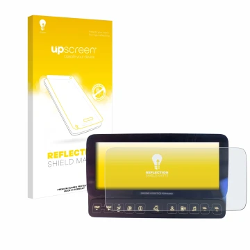 Parte frontal de un envase de producto con el logotipo de la marca upscreen. Al lado se muestra el dispositivo Mercedes-Benz A