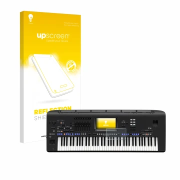 Parte frontal de un envase de producto con el logotipo de la marca upscreen. Al lado se muestra el dispositivo Yamaha Genos co