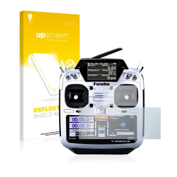 Parte frontal de un envase de producto con el logotipo de la marca upscreen. Al lado se muestra el dispositivo Robbe Futaba T3