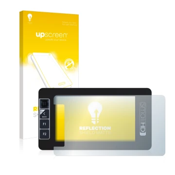 Parte frontal de un envase de producto con el logotipo de la marca upscreen. Al lado se muestra el dispositivo SmallHD 503 Ult