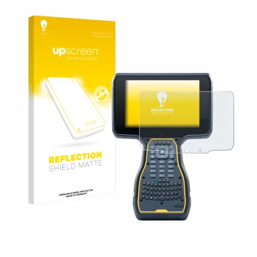 Parte frontal de un envase de producto con el logotipo de la marca upscreen. Al lado se muestra el dispositivo Trimble TSC7 Co