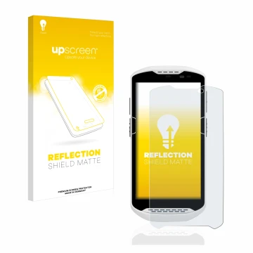 Parte frontal de un envase de producto con el logotipo de la marca upscreen. Al lado se muestra el dispositivo Zebra TC57 con 