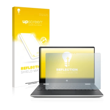 Parte frontal de un envase de producto con el logotipo de la marca upscreen. Al lado se muestra el dispositivo HP Pavilion x36