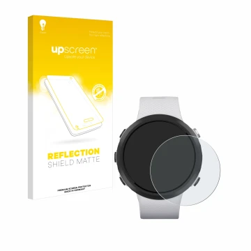 Parte frontal de un envase de producto con el logotipo de la marca upscreen. Al lado se muestra el dispositivo Garmin Swim 2 c