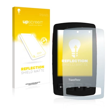 Parte frontal de un envase de producto con el logotipo de la marca upscreen. Al lado se muestra el dispositivo TwoNav Trail 2 