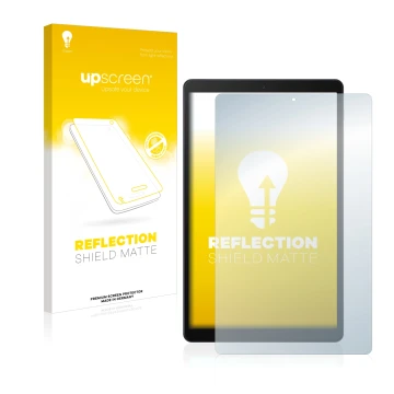 Parte frontal de un envase de producto con el logotipo de la marca upscreen. Al lado se muestra el dispositivo Samsung Galaxy 