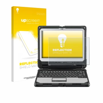 Parte frontal de un envase de producto con el logotipo de la marca upscreen. Al lado se muestra el dispositivo Panasonic Tough