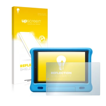 Parte frontal de un envase de producto con el logotipo de la marca upscreen. Al lado se muestra el dispositivo Amazon Fire HD 