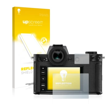 Parte frontal de un envase de producto con el logotipo de la marca upscreen. Al lado se muestra el dispositivo Leica SL2 con s