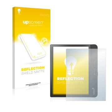 Parte frontal de un envase de producto con el logotipo de la marca upscreen. Al lado se muestra el dispositivo Tolino Epos 2 c