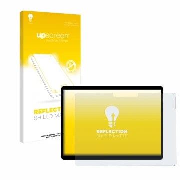 Parte frontal de un envase de producto con el logotipo de la marca upscreen. Al lado se muestra el dispositivo Microsoft Surfa