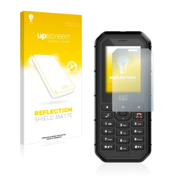 Parte frontal de un envase de producto con el logotipo de la marca upscreen. Al lado se muestra el dispositivo Caterpillar Cat