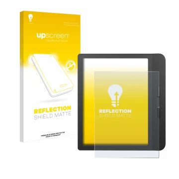 Parte frontal de un envase de producto con el logotipo de la marca upscreen. Al lado se muestra el dispositivo Tolino Vision 5