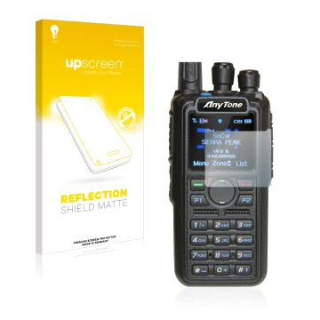 Parte frontal de un envase de producto con el logotipo de la marca upscreen. Al lado se muestra el dispositivo AnyTone AT-D878
