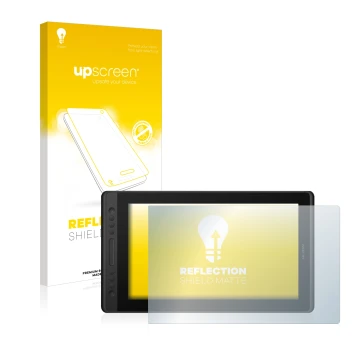 Parte frontal de un envase de producto con el logotipo de la marca upscreen. Al lado se muestra el dispositivo Huion Kamvas Pr