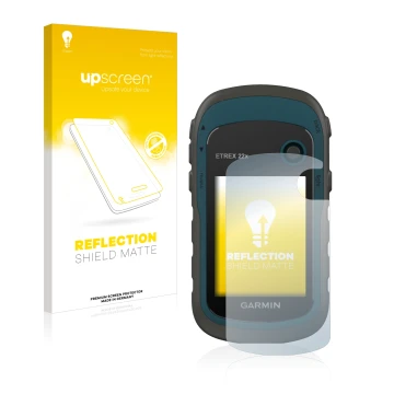 Parte frontal de un envase de producto con el logotipo de la marca upscreen. Al lado se muestra el dispositivo Garmin eTrex 22