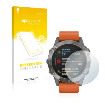 Parte frontal de un envase de producto con el logotipo de la marca upscreen. Al lado se muestra el dispositivo Garmin Fenix 6 