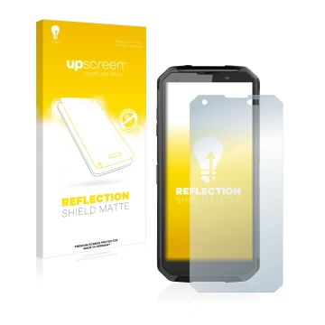 Parte frontal de un envase de producto con el logotipo de la marca upscreen. Al lado se muestra el dispositivo Blackview BV950