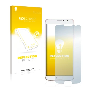 Parte frontal de un envase de producto con el logotipo de la marca upscreen. Al lado se muestra el dispositivo Doro 8080 con s