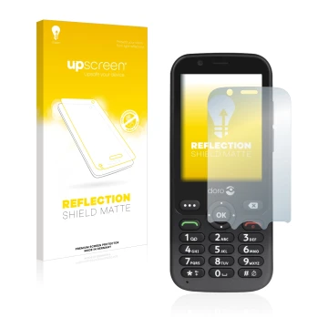 Parte frontal de un envase de producto con el logotipo de la marca upscreen. Al lado se muestra el dispositivo Doro 7010 con s