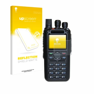 Parte frontal de un envase de producto con el logotipo de la marca upscreen. Al lado se muestra el dispositivo AnyTone AT-D878