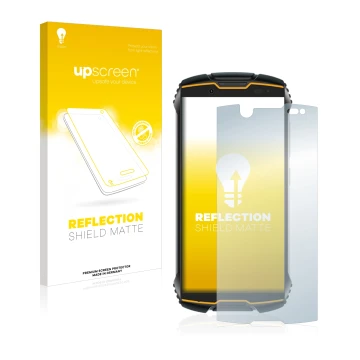 Parte frontal de un envase de producto con el logotipo de la marca upscreen. Al lado se muestra el dispositivo Cubot King Kong