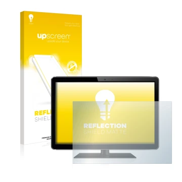 Parte frontal de un envase de producto con el logotipo de la marca upscreen. Al lado se muestra el dispositivo con su protecto