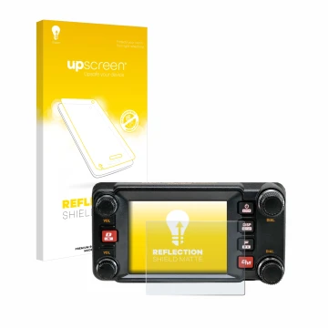 Parte frontal de un envase de producto con el logotipo de la marca upscreen. Al lado se muestra el dispositivo Yaesu FTM-400XD