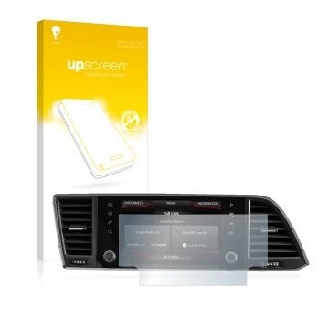 Parte frontal de un envase de producto con el logotipo de la marca upscreen. Al lado se muestra el dispositivo Seat Ateca 2020