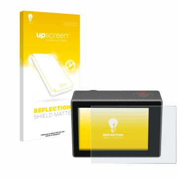 Parte frontal de un envase de producto con el logotipo de la marca upscreen. Al lado se muestra el dispositivo Akaso V50 Elite