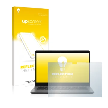 Parte frontal de un envase de producto con el logotipo de la marca upscreen. Al lado se muestra el dispositivo Dell Latitude 5