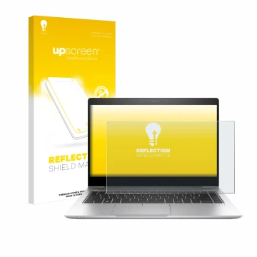 Parte frontal de un envase de producto con el logotipo de la marca upscreen. Al lado se muestra el dispositivo HP EliteBook 84