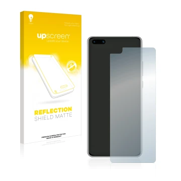 Parte frontal de un envase de producto con el logotipo de la marca upscreen. Al lado se muestra el dispositivo Huawei P40 con 